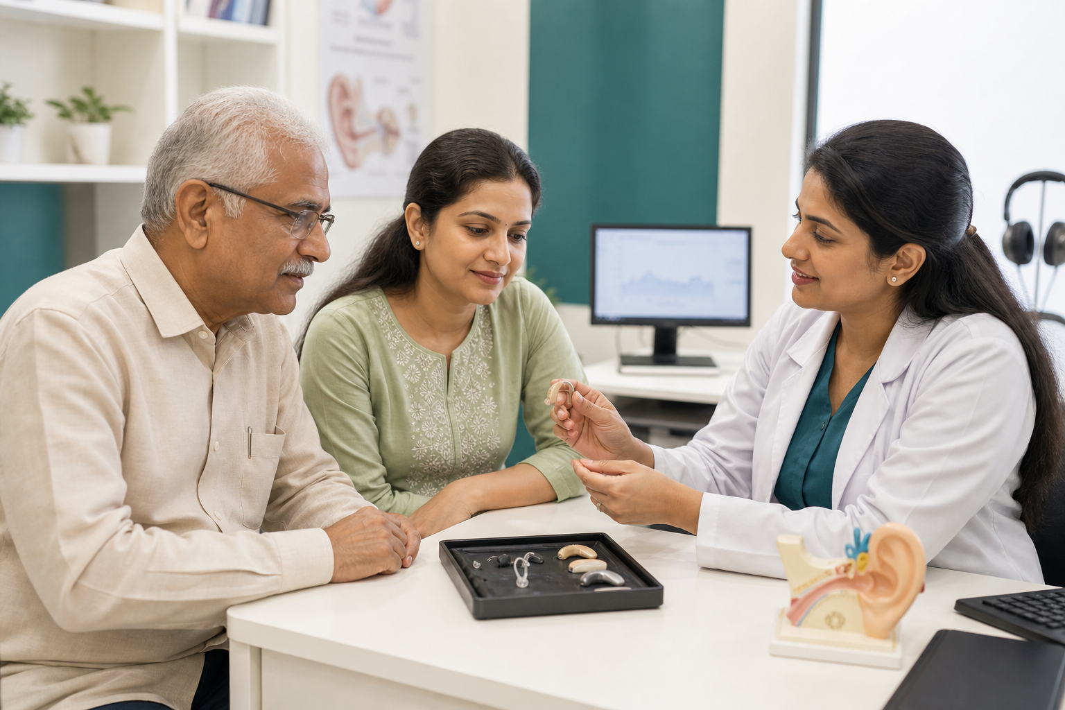 Indian audiologist explaining hearing aid options to a senior patient and family member